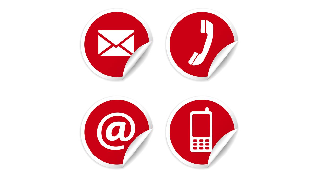 Web and Internet contact us icons set and design symbols on red circular stickers with curl. EPS10 vector illustration isolated on white background.